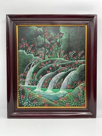 Floral Waterfall Landscape by Rony Leonidas (Haitian, b.1946) Oil on Canvas