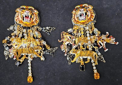 Oversized Tiger Statement Clip-On Earrings with Crystal and Enamel Detailing