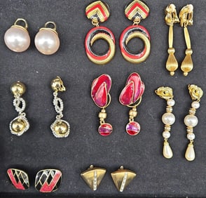 Collection of 8 Pairs Vintage Clip-On Earrings – Gold, Red, and Pearl Accents