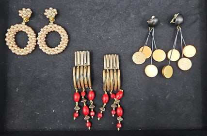 Trio of Vintage Statement Earrings – Coin, Beaded, and Woven Hoop Styles