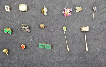 Assorted Vintage Lapel Pins and Stick Pins – Mixed Themes and Materials