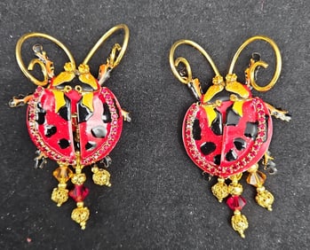 Whimsical Enamel Ladybug Chandelier Earrings