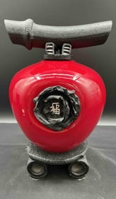 Wishkeeper Asian Style Red Ceramic Vessel with Black Handle