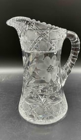 American Brilliant Style Cut Glass Pitcher with Floral Motif