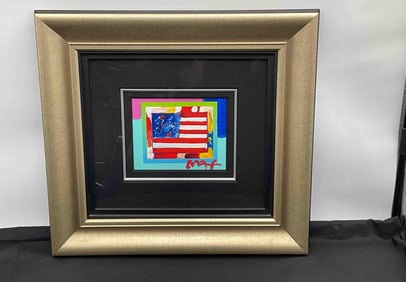 "Flag with Heart on Blends" By Peter Max (German/American, b.1937) Mixed Media