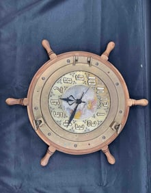 Nautical Ship Wheel Wall Clock with Map Dial