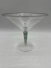 Hand Blown Art Glass Martini Glass with Ribbed Green Stem