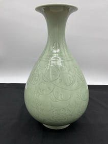 Longquan Chinese Celadon-Glazed Vase with Floral Relief