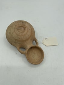 Ancient Ceramic Oil Lamp with Circular Bowl Attachment