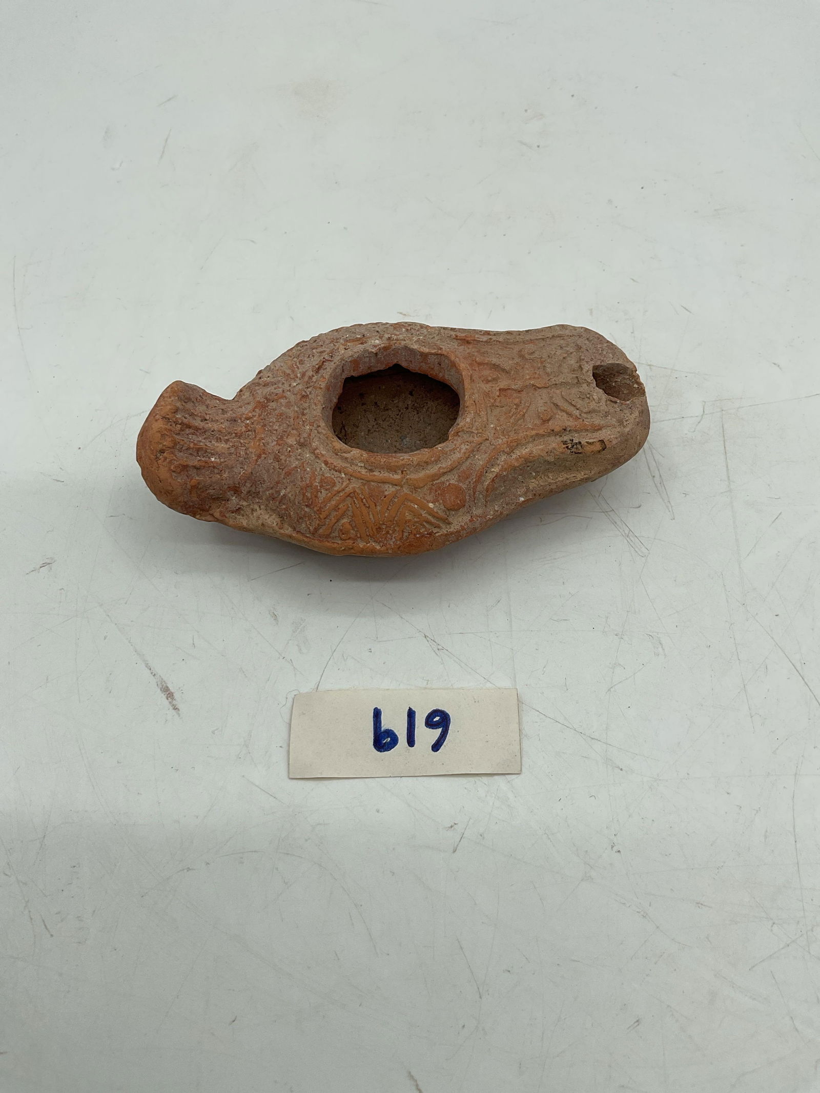 619 - Ancient Terracotta Oil Lamp with Geometric Design (1 of 8)