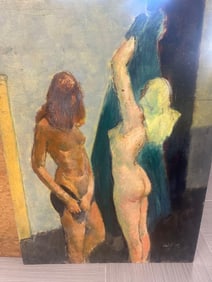 "The Blue Curtain" Nude Study by Loran Wilford (American, 1892-1972) Oil on Board