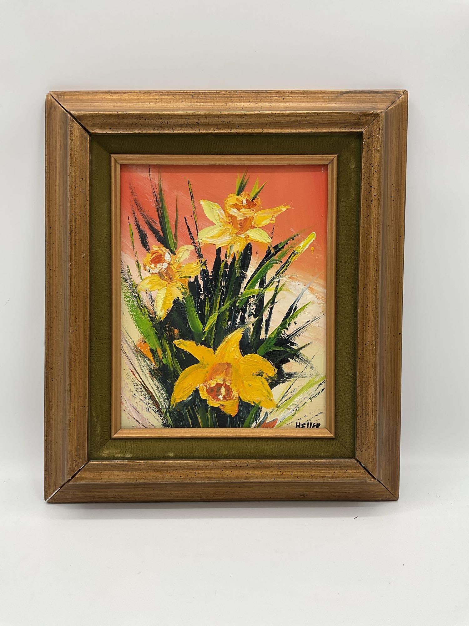 Yellow Daffodils on Coral By Heller Oil on Canvas (1 of 3)
