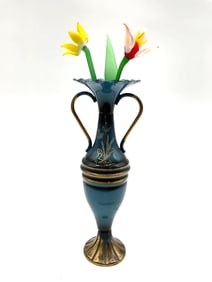 Blue Enamel Brass Vase with Art Glass Flowers