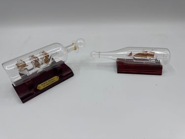 Pair of Ship-in-a-Bottle Models on Wood Stands