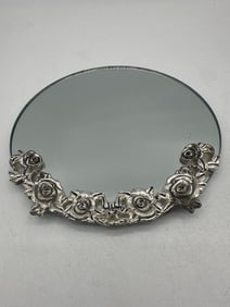 Silver Rose Trim Round Mirror Vanity Tray
