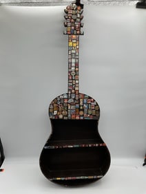 Guitar-Shaped Wooden Display with Soviet Lapel Pin Collection