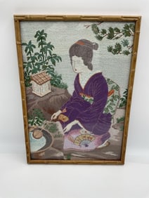 Japanese Silk Embroidery of Woman in Kimono