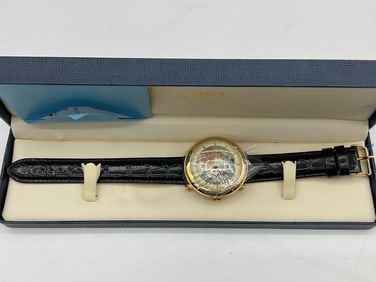 Stauer World Time Watch with Black Leather Strap