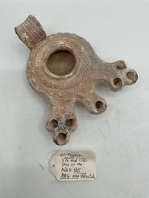 Box 3 - 447 Ancient Terracotta Menorah Oil Lamp with Seven Spouts