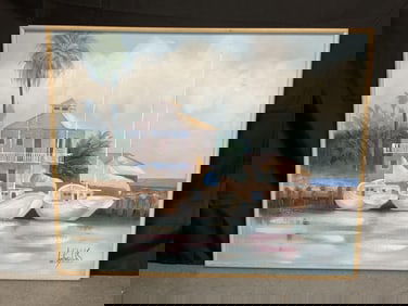 Tropical Waterfront Painting by Lee Reynolds (American, 1936-2017) Oil on canvas