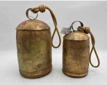 Set of Two Vintage Brass/Bronze Rustic Toning Bells with Rope (1 of 4)