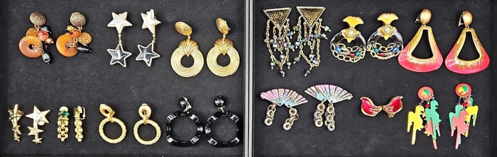 Collection of 13 Pairs of Vintage Statement Clip-On Earrings – Colorful & Bold Styles