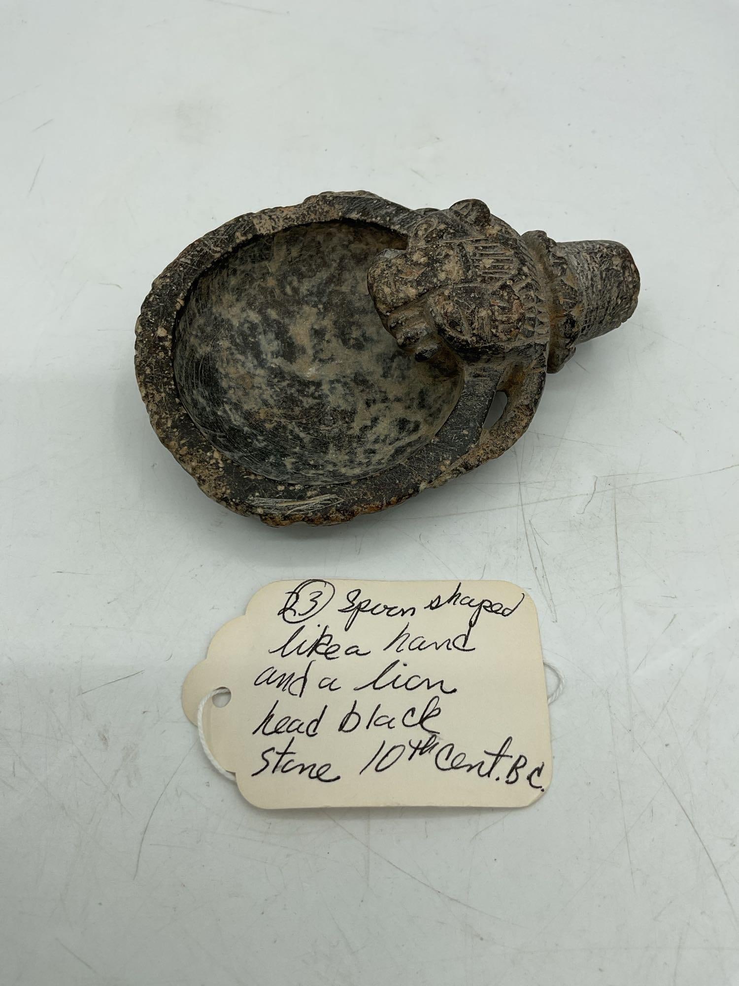 23 - Spoon Shaped like a hand and lion head black stone 10th Century B.C. (1 of 6)