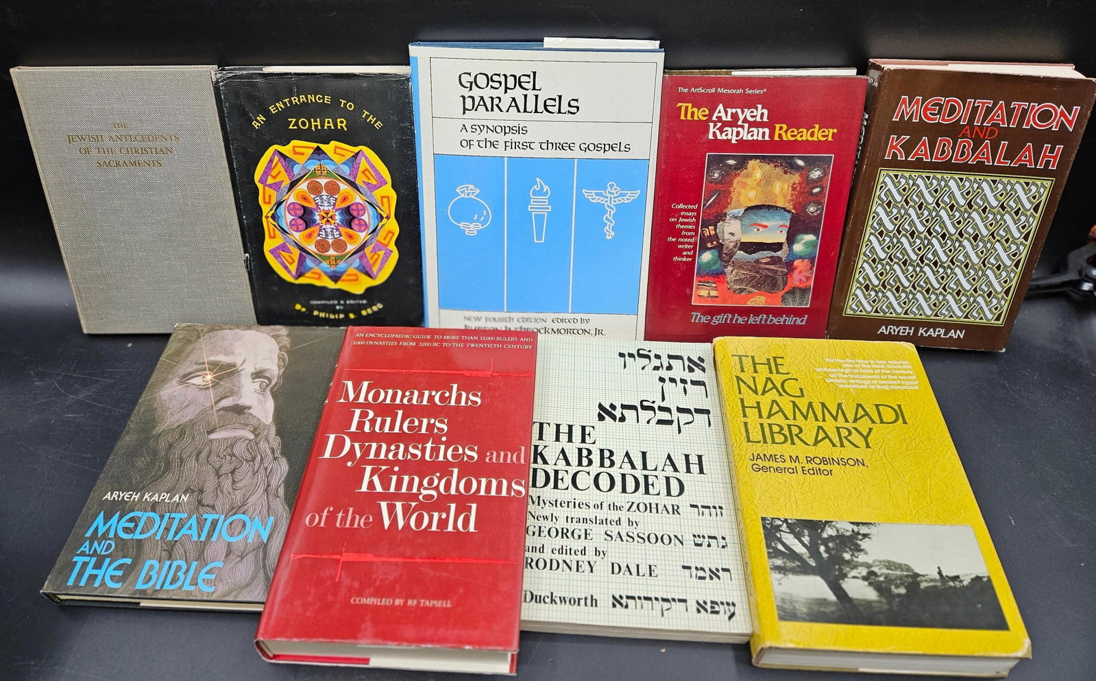 Collection of Judaica, Philosophy, and Religious Thought Books: Group of hardcover and softcover books on Jewish mysticism, the Talmud, Hasidic traditions, philosophy, meditation, and comparative religion. Includes titles such as The Other Bible, Meditation and th