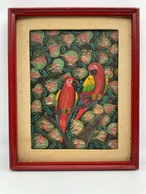 Haitian Folk Art Painting of Parrots in Tree - Artist Unknown