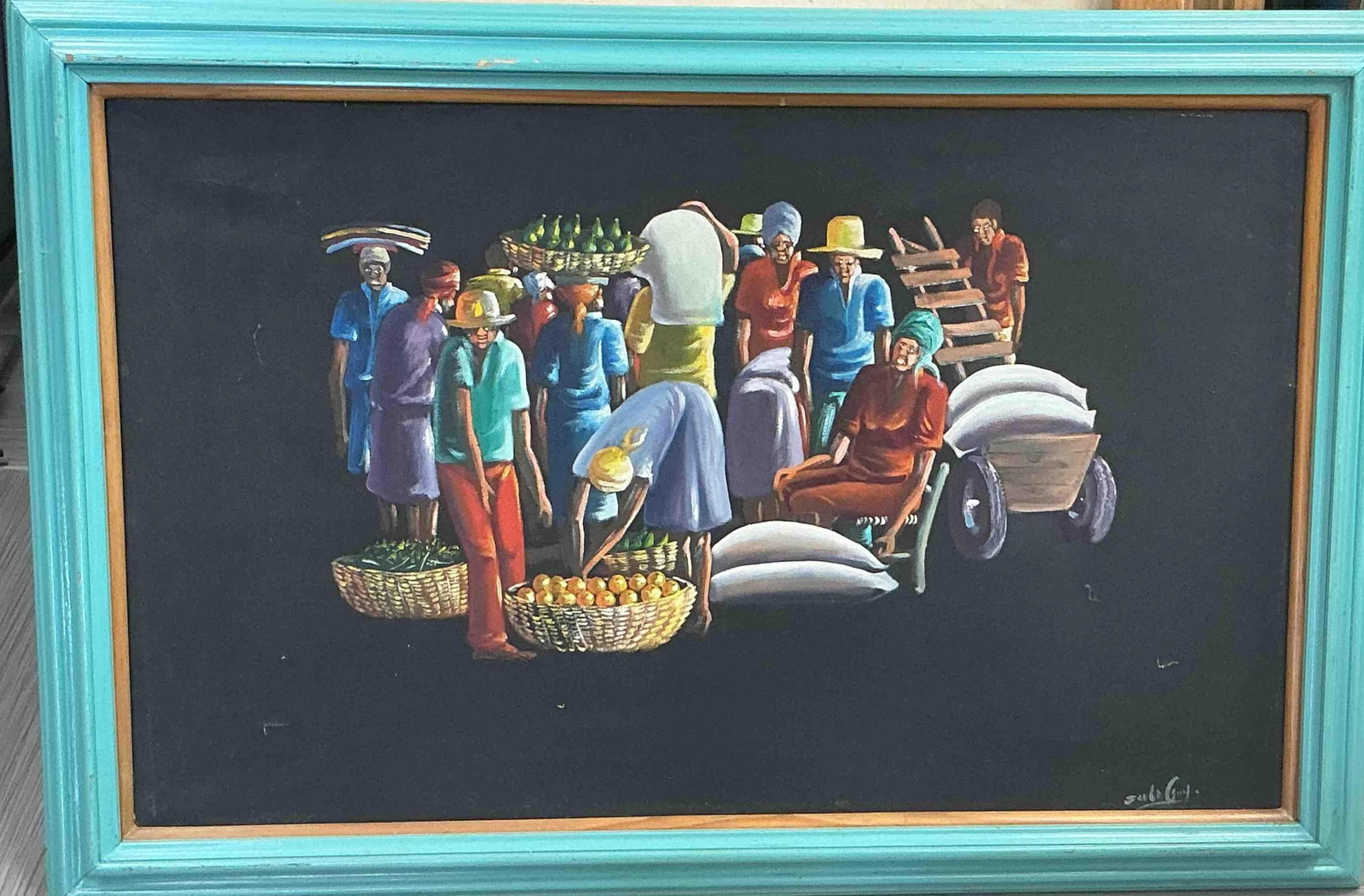 Haitian Market Gathering by Salnave Philippe: Description: A colorful depiction of Haitian market life with women in headwraps and men carrying goods, surrounded by baskets and carts. Bold figures contrasted on a black background. Signed in lower