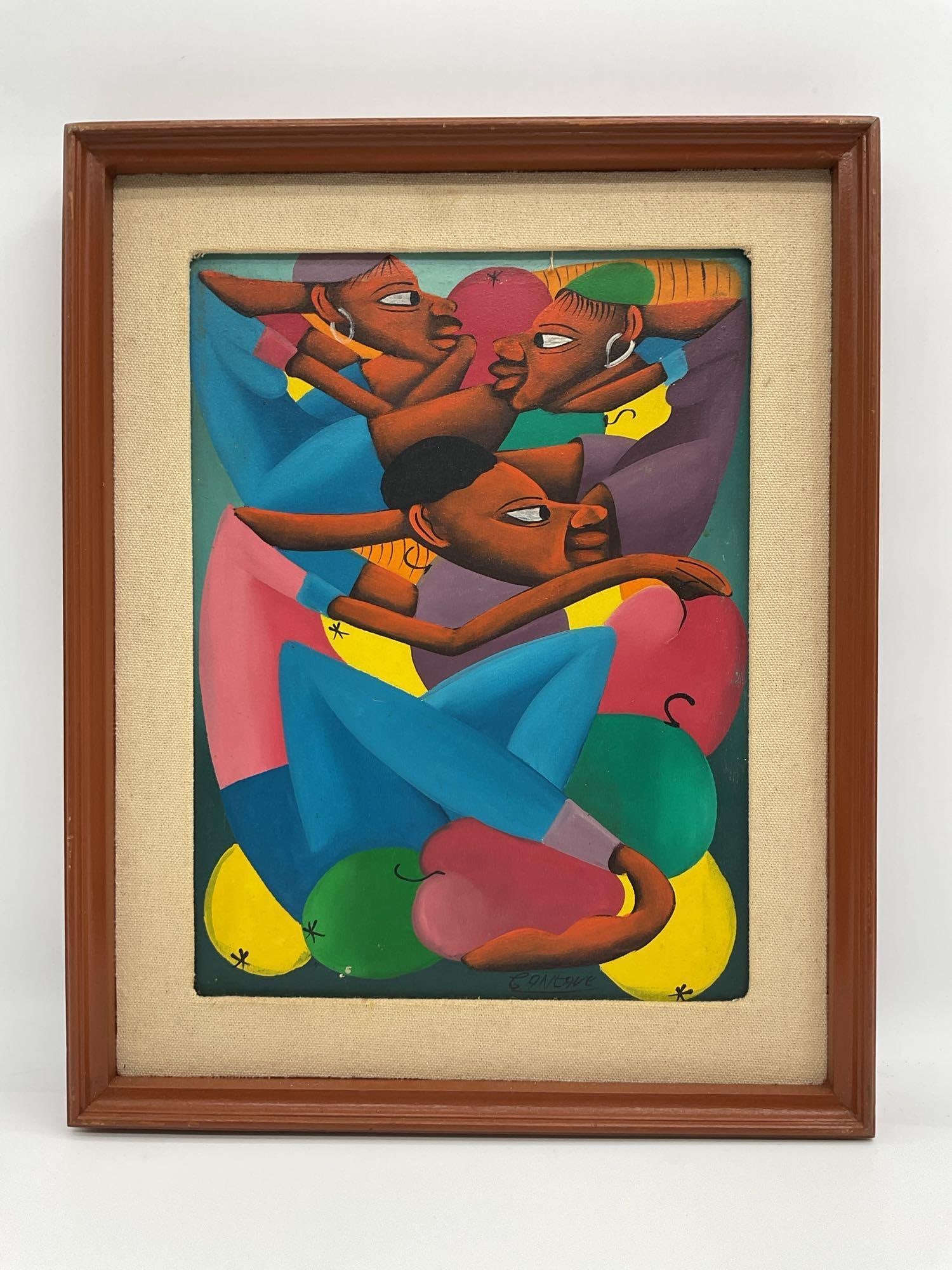 Colorful Abstract Portrait by C. Darone: Artist: C. Darone Description: Vivid and stylized depiction of four figures intertwined in a dynamic composition, characterized by exaggerated features and vibrant fruit-like geometric shapes. Dimensi