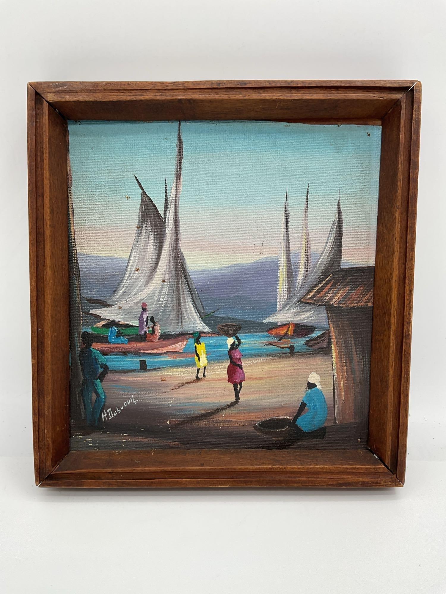 Harbor Market Scene by H. Dubreuil: Artist: H. Dubreuil Description: Charming Haitian coastal painting depicting villagers carrying baskets and gathering by sailboats along a sunlit shoreline, with expressive brushstrokes and pastel hue