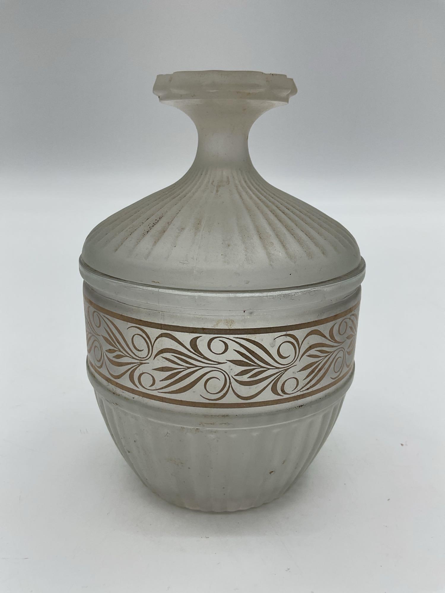 Vintage Frosted Glass Apothecary Jar with Gold Scroll Band (1 of 4)