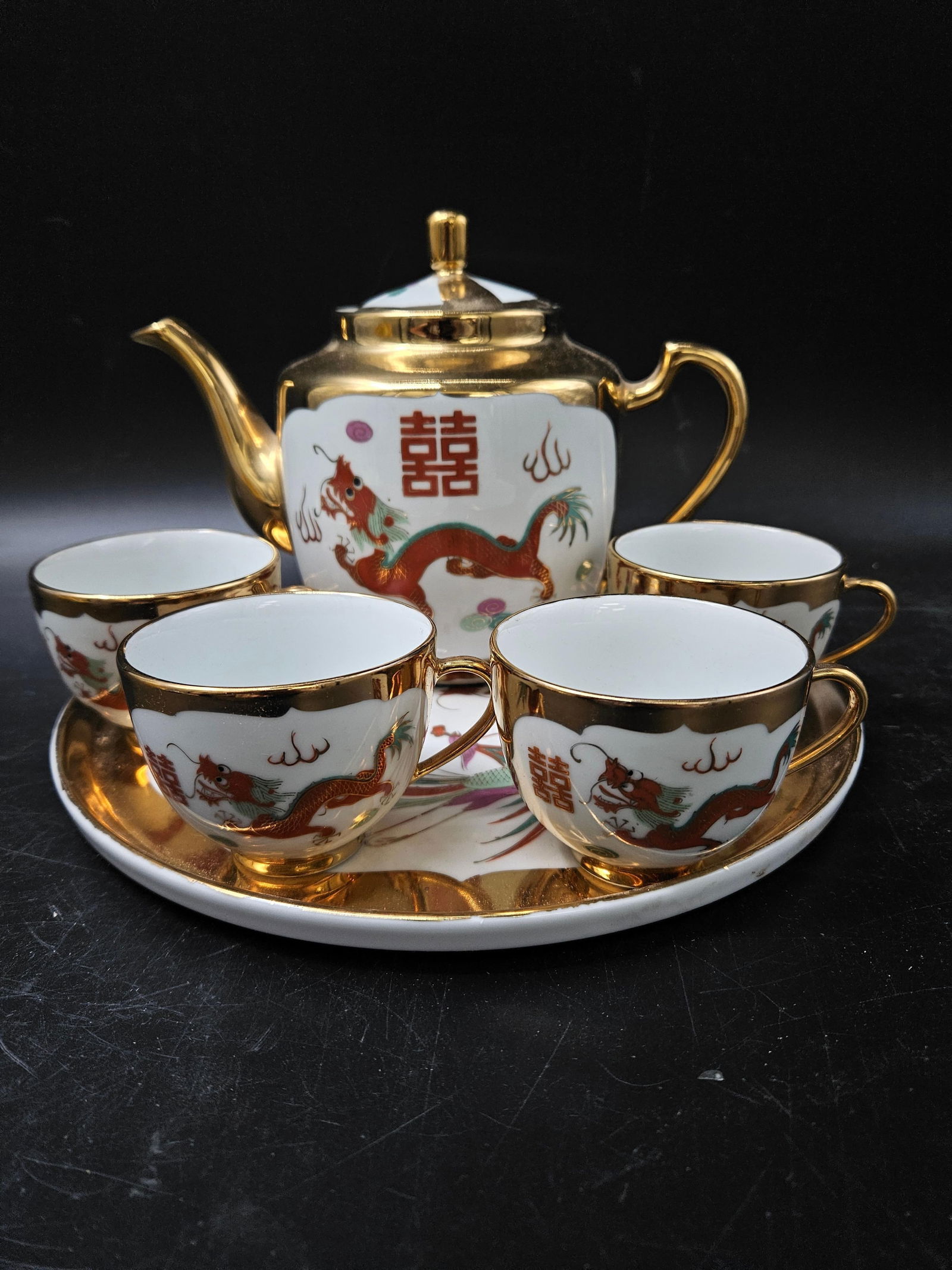 Chinese Porcelain Tea Set with Dragon and Phoenix Motif (1 of 13)