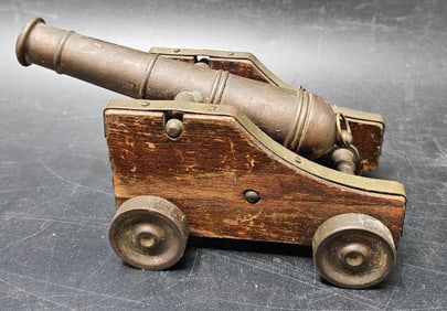 Miniature Brass and Wood Cannon on Wheeled Carriage