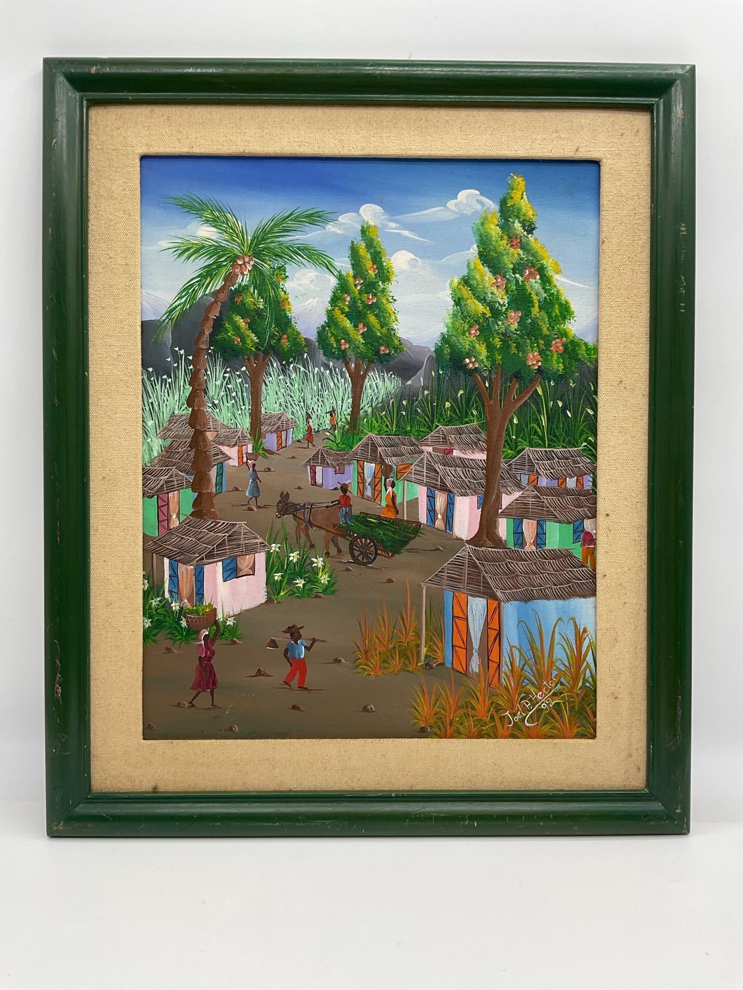 Village Life with Cart by Joel Hector Petelot, 1992: Artist: Joel Hector Petelot Description: Delicate Haitian painting depicting a peaceful village with pastel-painted homes, tall trees, and figures going about daily tasks. A donkey cart and women carr