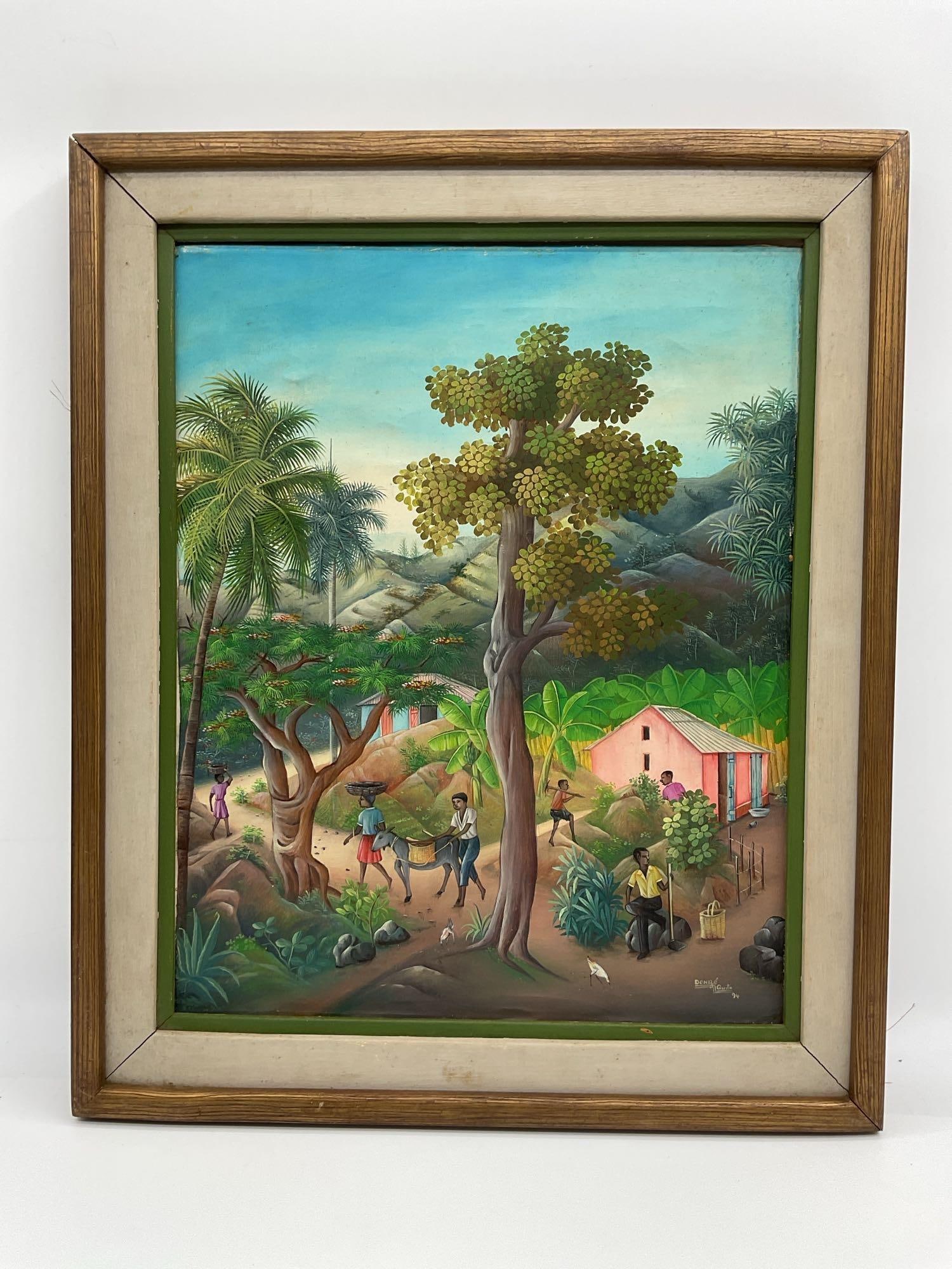Countryside Village Scene by Denize Maguito, 1994: Artist: Denize Maguito Description: Detailed Haitian painting depicting daily rural life with villagers tending to animals, trees in bloom, and pastel homes nestled among the hills. The scene is rich