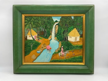 Waterfall Village Scene by Gaston Cyriso, 1993