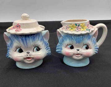 Rare Vintage Lefton Miss Priss Blue Kitty Ceramic & Creamer & Cat Covered Sugar Dish