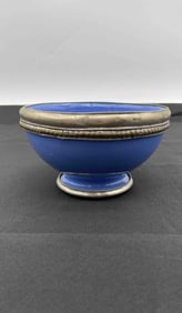 Cobalt Blue Berber Moroccan Enameled Pedestal Bowl with Silver Toned Rim