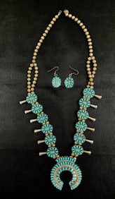 RARE Zuni Silver and Turquoise Cluster Jewelry Set - Squash Blossoms