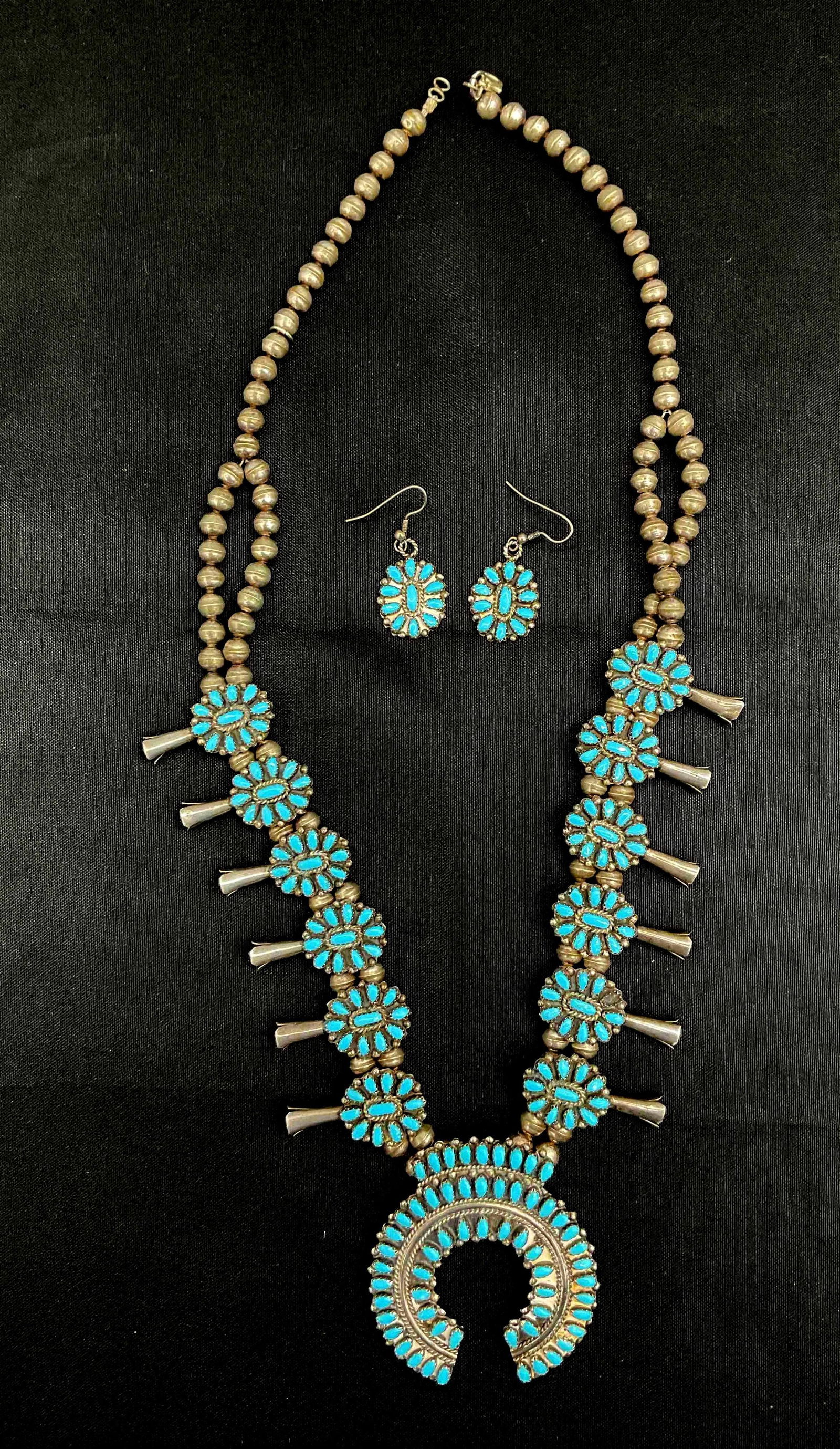 RARE Zuni Silver and Turquoise Cluster Jewelry Set - Squash Blossoms (1 of 3)