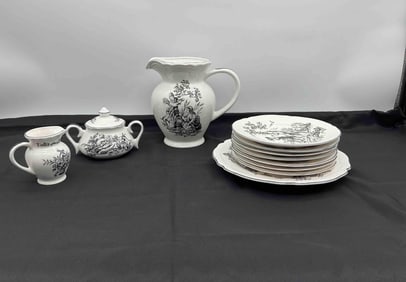New England Toile Ceramic Pitcher and Dish Set