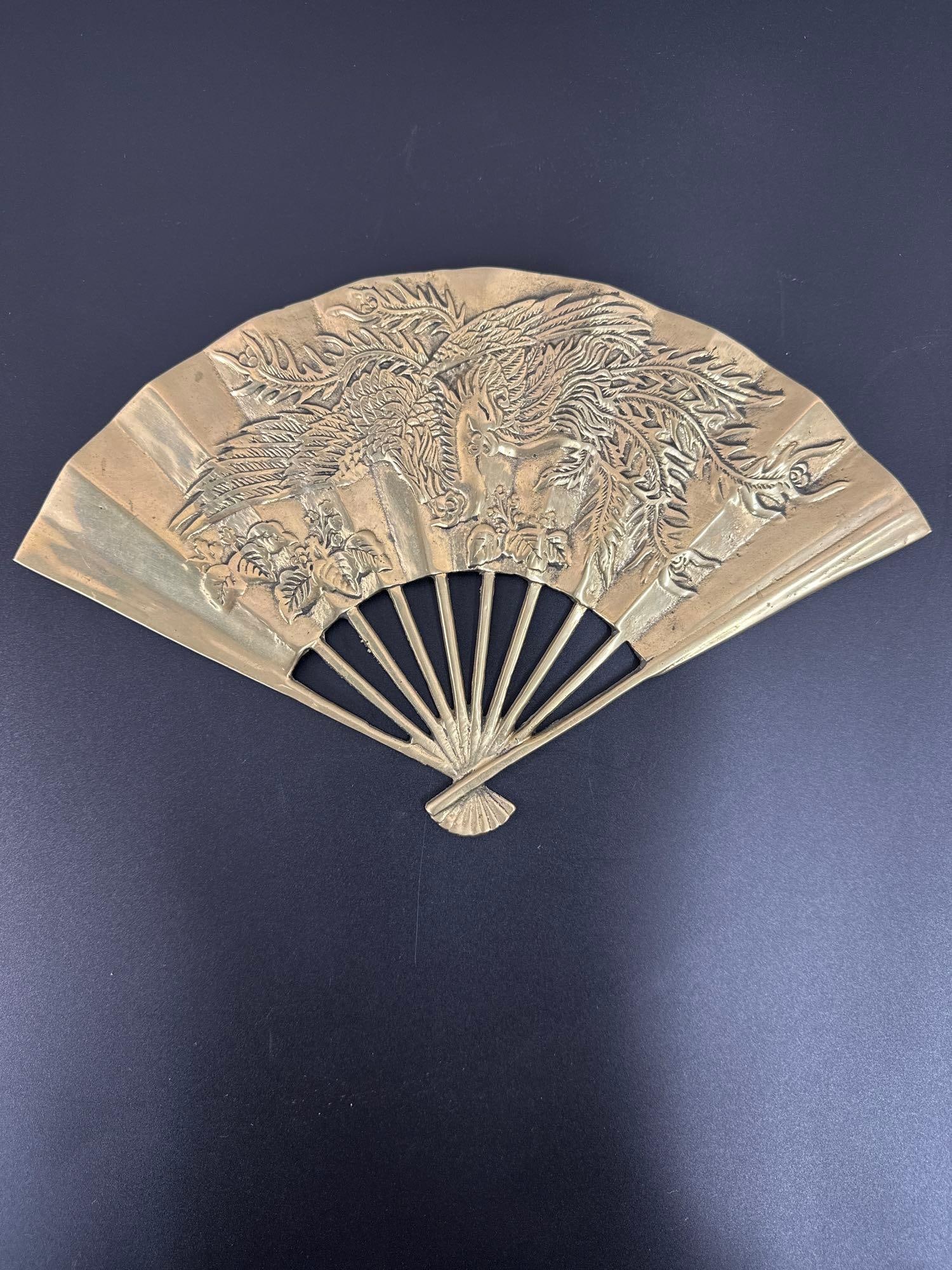 Vintage Brass Wall Hanging Fan with Asian Motif (1 of 3)