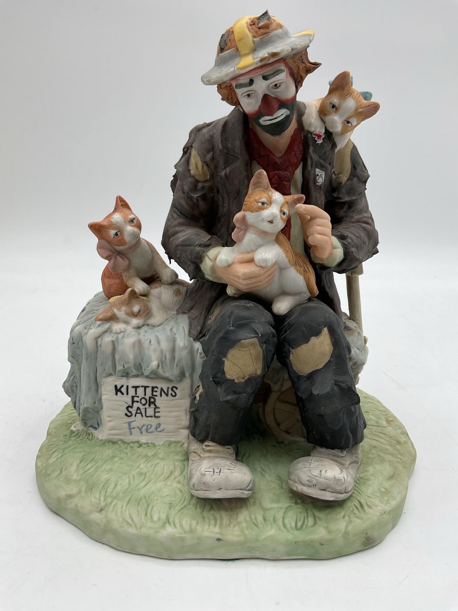 Emmett Kelly Jr. “Kittens for Sale?? clown figurine 4429/7500: Limited edition porcelain sculpture of Emmett Kelly Jr. as a hobo clown holding kittens, marked 4429 of 7500 and signed on base Medium: Hand-painted porcelain sculpture