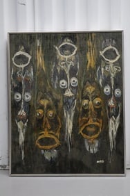 Abstract Oil on Board painting: Abstract faces, oil on board, signed MRG Dimensions:H:20in L:16in