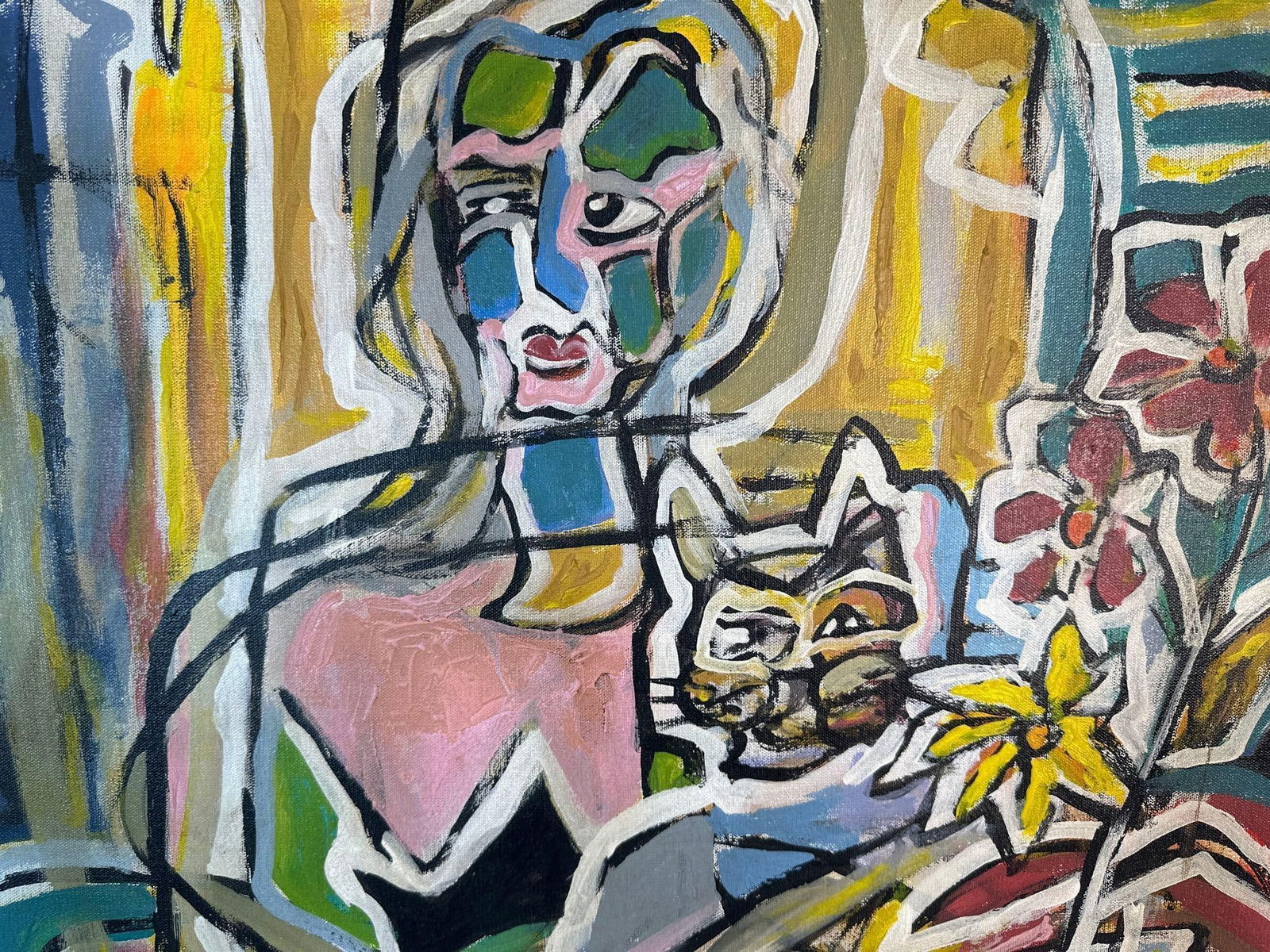 In the manner of Patrick Heron (British, 1920-1999): A striking abstract expressionist painting featuring a fragmented female figure with a cat and flowers. The piece is rendered in bold, expressive brushstrokes with a mix of vibrant colors and black ou