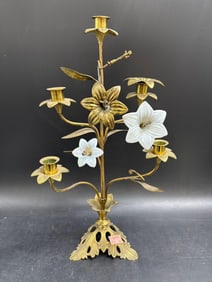 Gilt Brass and Porcelain Star Lily Floral Candelabra
