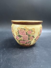 Vintage Chinese Ceramic Planter with Pink Peony Motifs