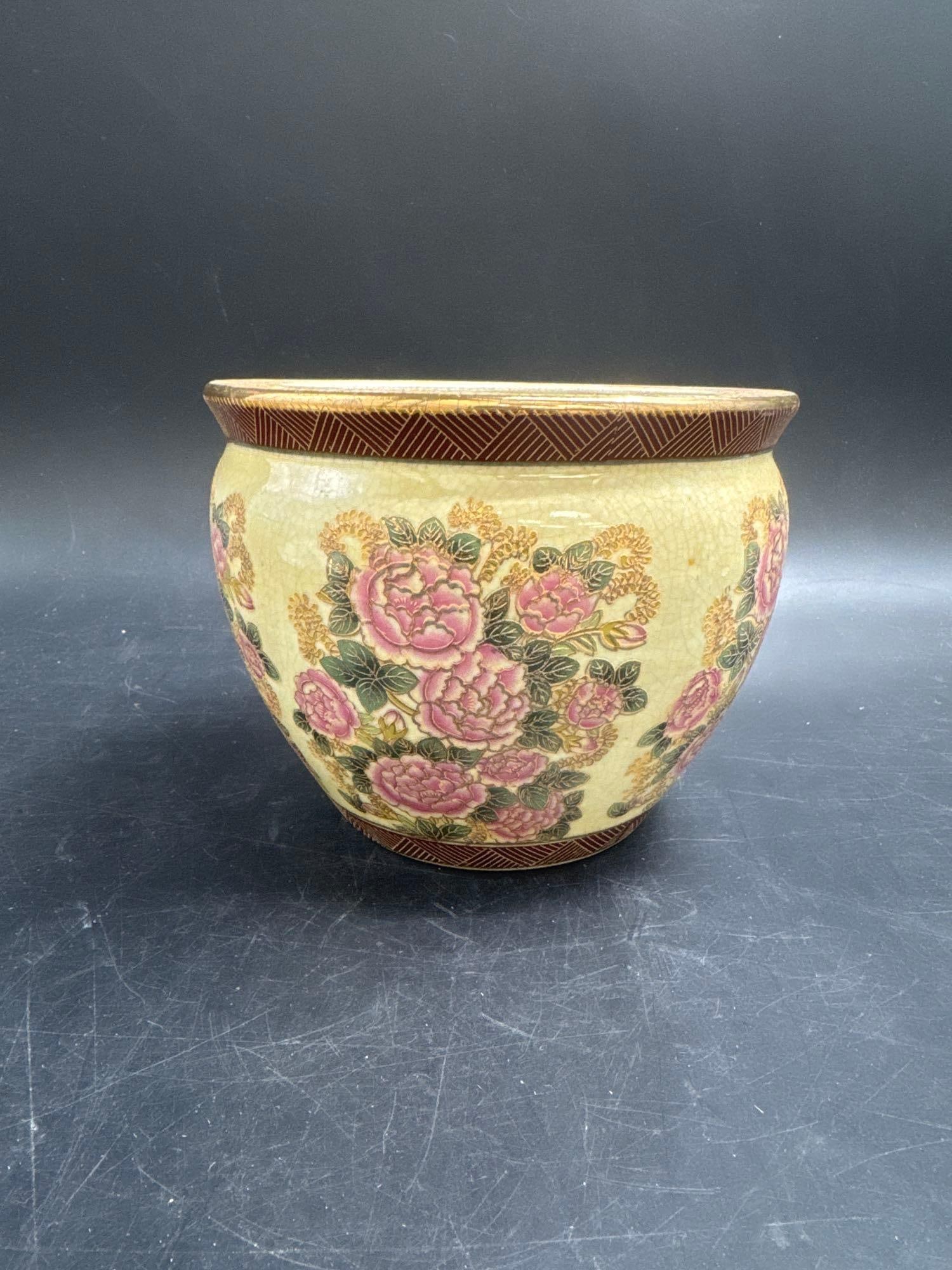 Vintage Chinese Ceramic Planter with Pink Peony Motifs (1 of 4)